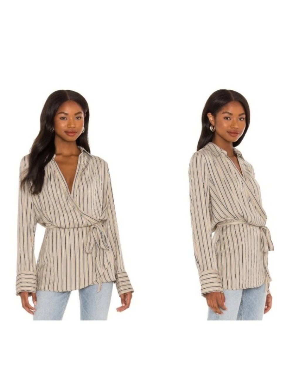 Free People Arlo Striped Wrap Blouse Taupe Natural Tie Waist Size XL